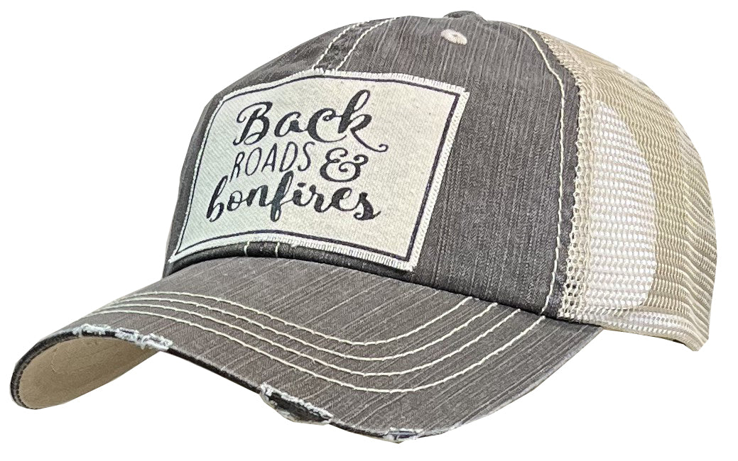 "Back Roads & Bonfires" Distressed Trucker Cap