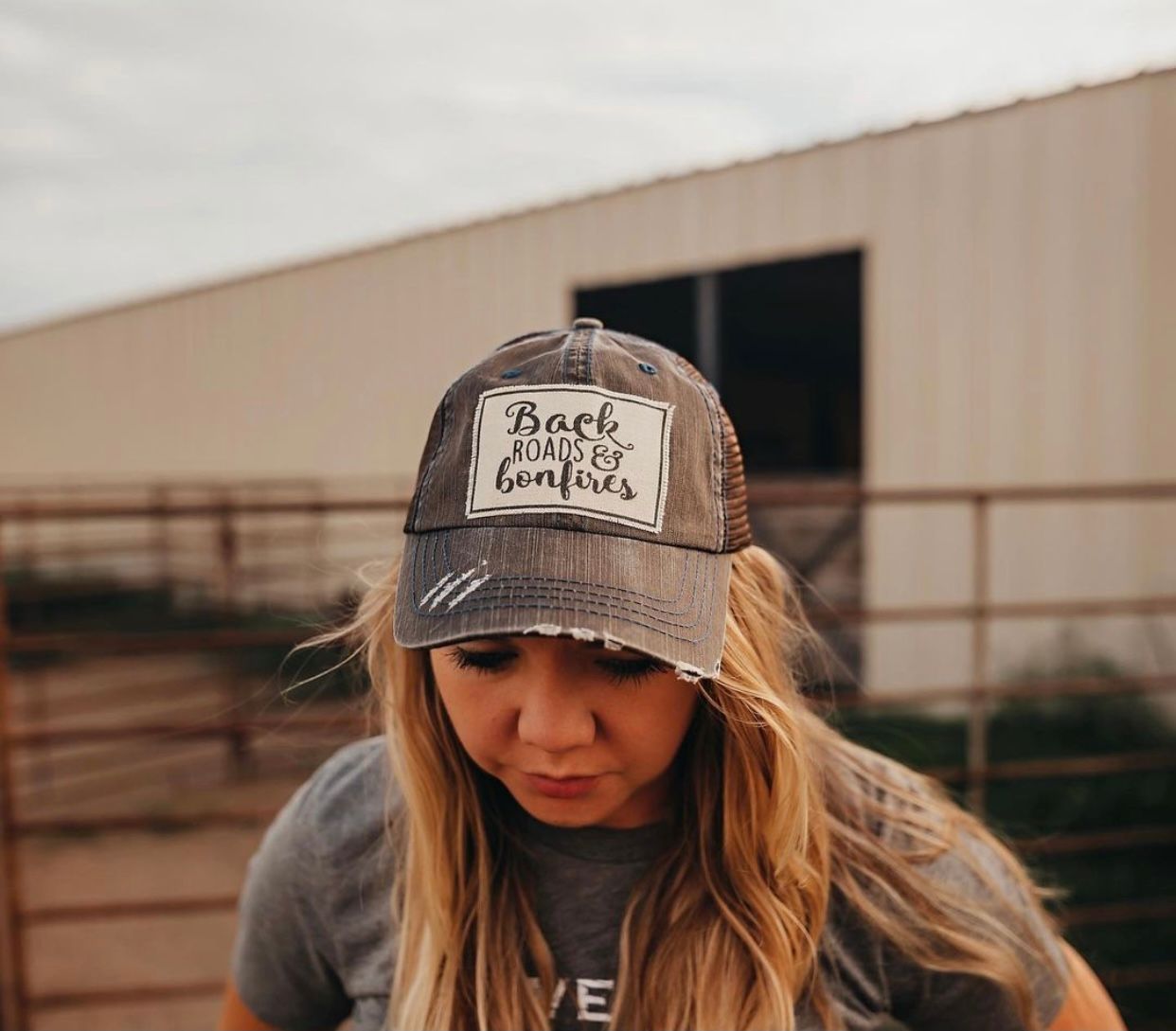 "Back Roads & Bonfires" Distressed Trucker Cap