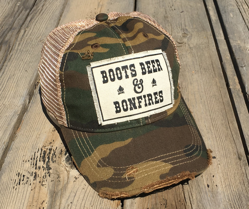 "Boots Beer & Bonfires" Distressed Trucker Cap