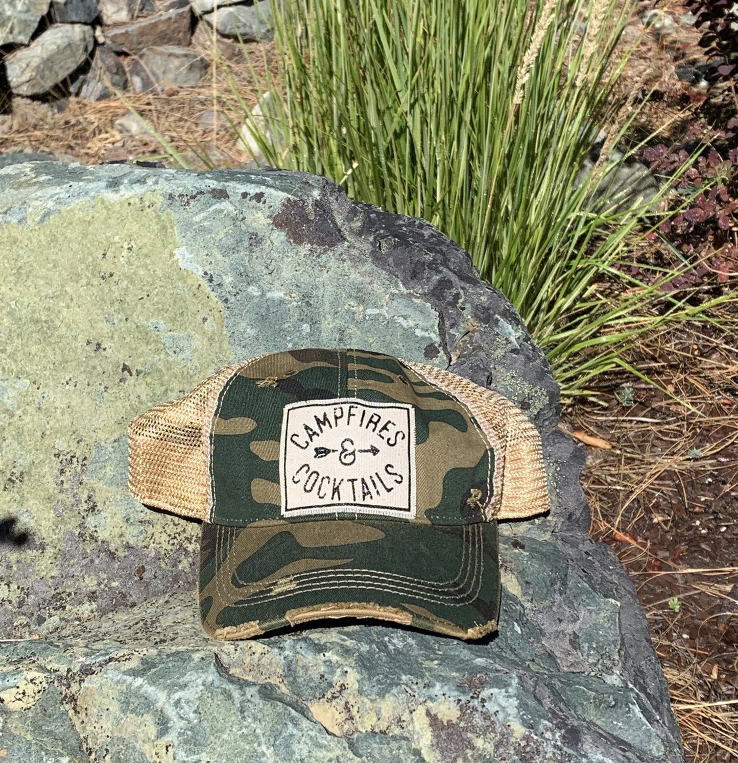 "Campfires & Cocktails" Distressed Trucker Cap