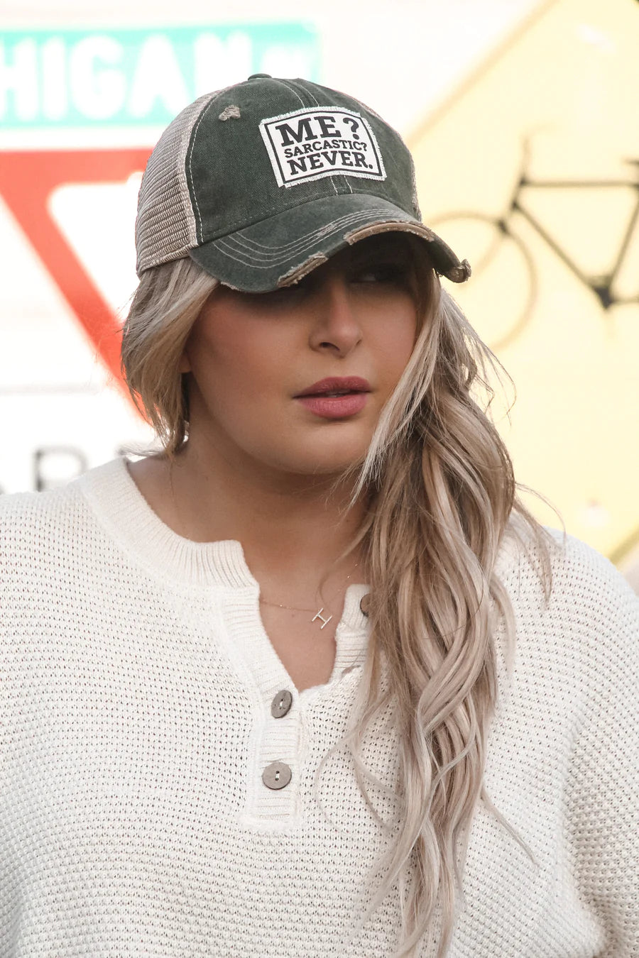 "Me? Sarcastic? Never" Distressed Trucker Cap
