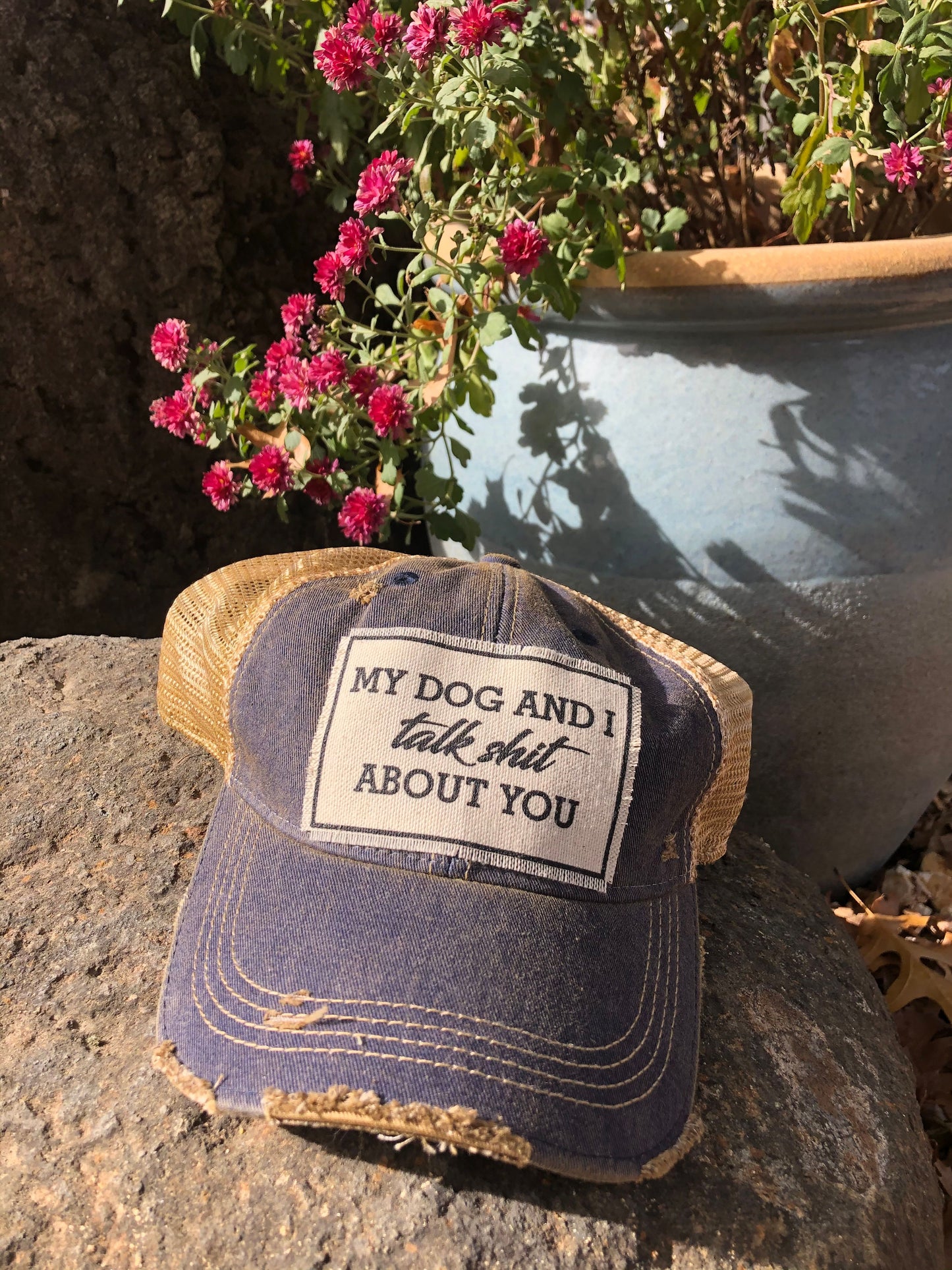 "My Dog And I Talk Shit About You" Distressed Trucker Cap