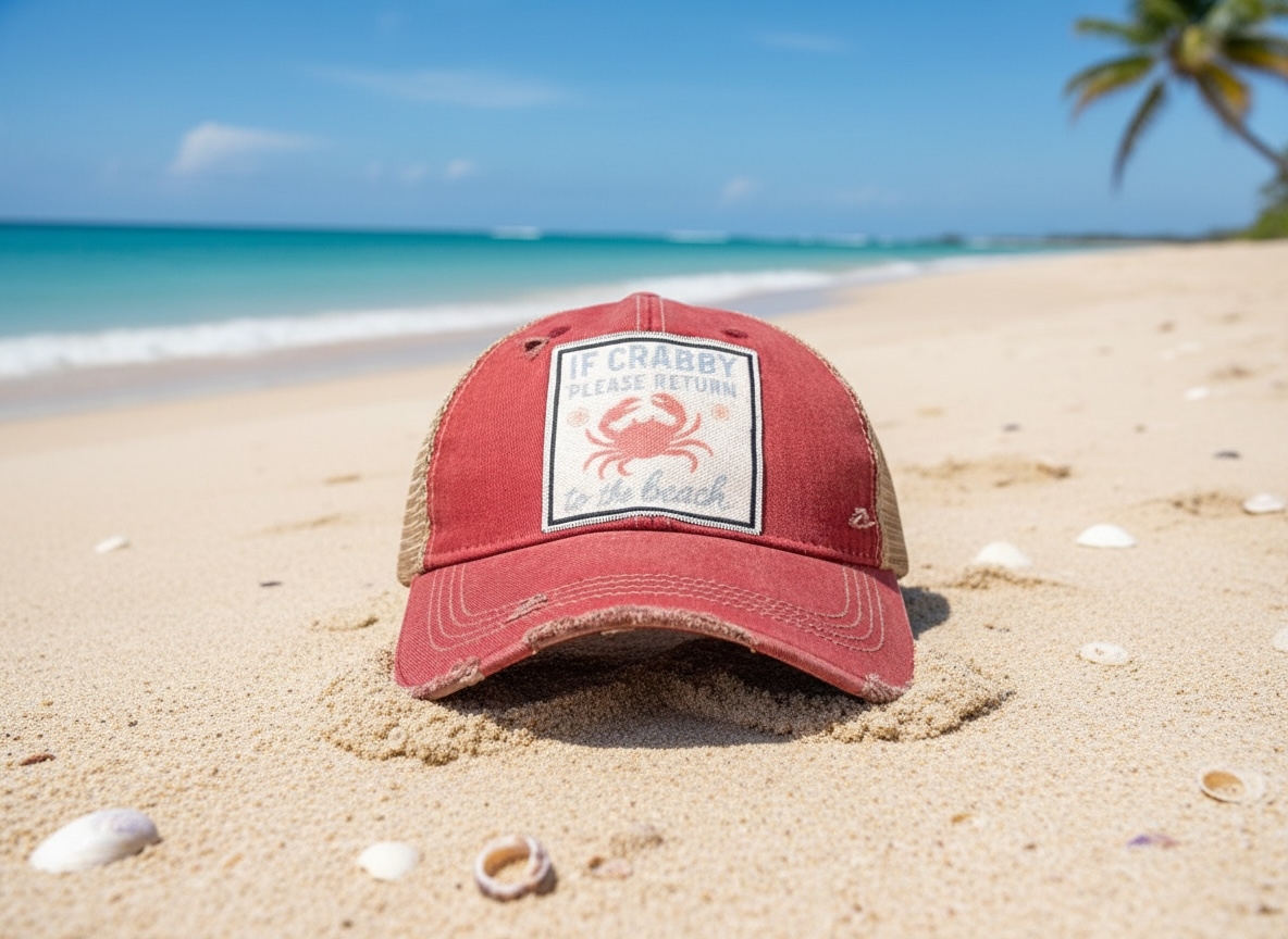 "If Crabby Please Return to the Beach" Distressed Trucker Cap