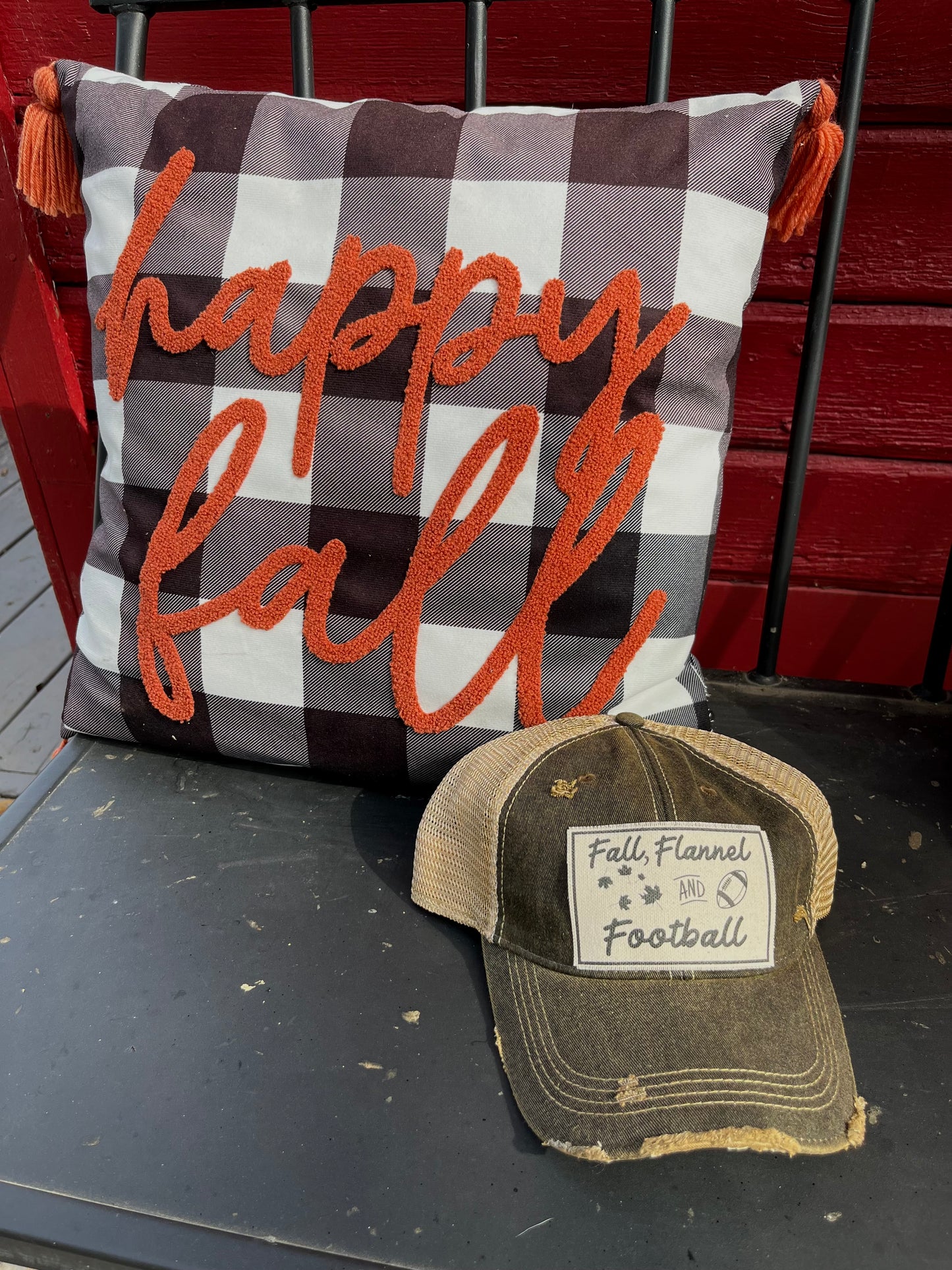 "Fall Flannel & Football" Distressed Trucker Cap