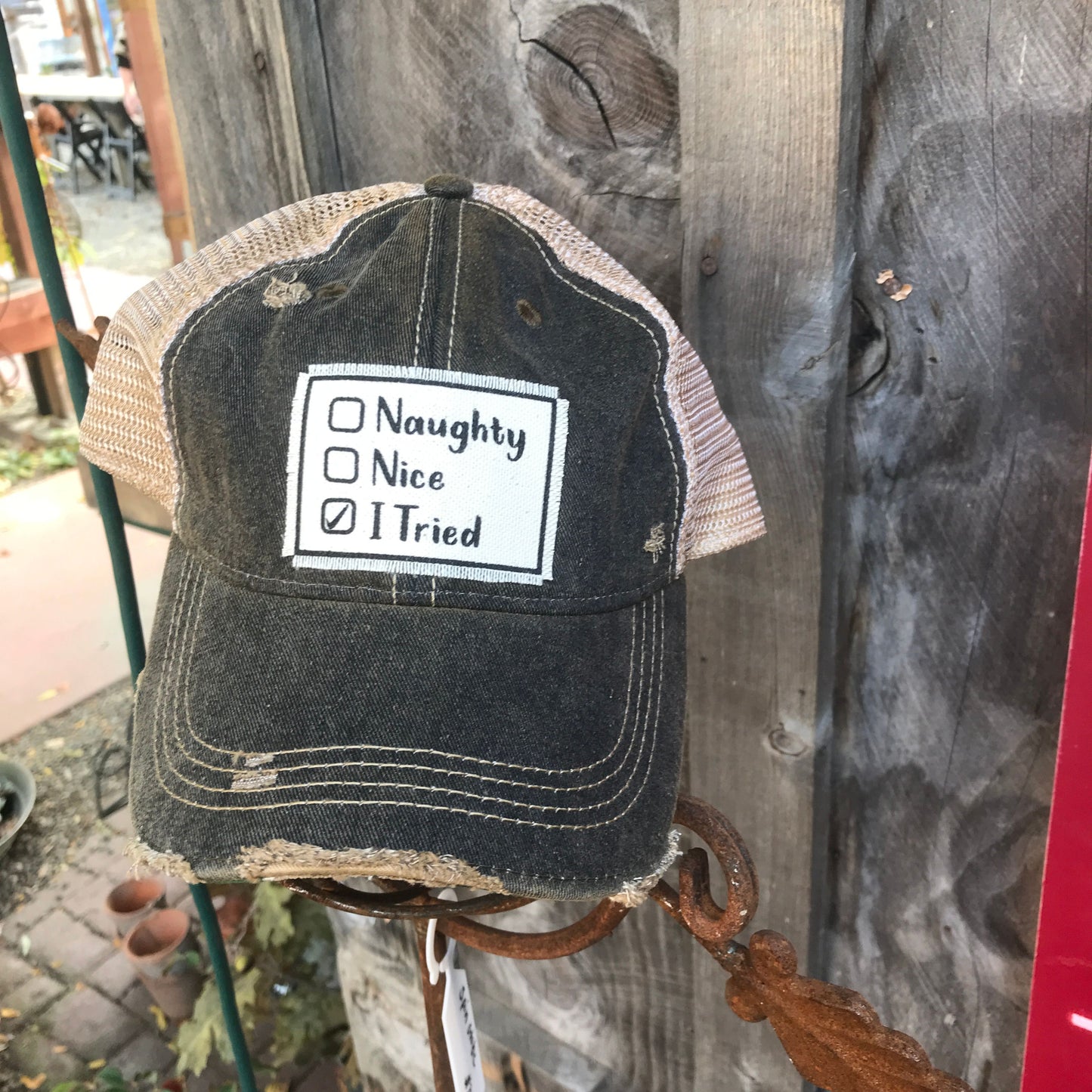 "Naughty, Nice, I Tried" Distressed Trucker Cap
