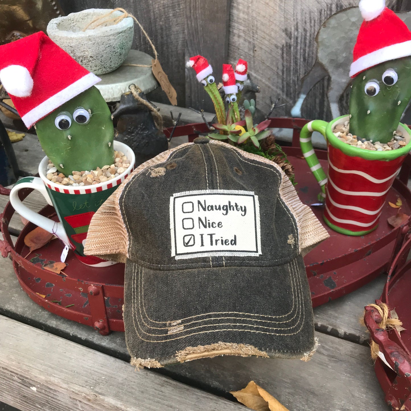 "Naughty, Nice, I Tried" Distressed Trucker Cap