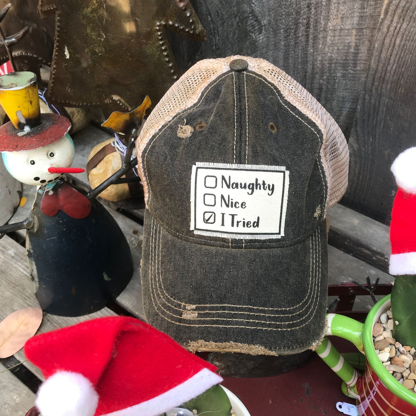"Naughty, Nice, I Tried" Distressed Trucker Cap