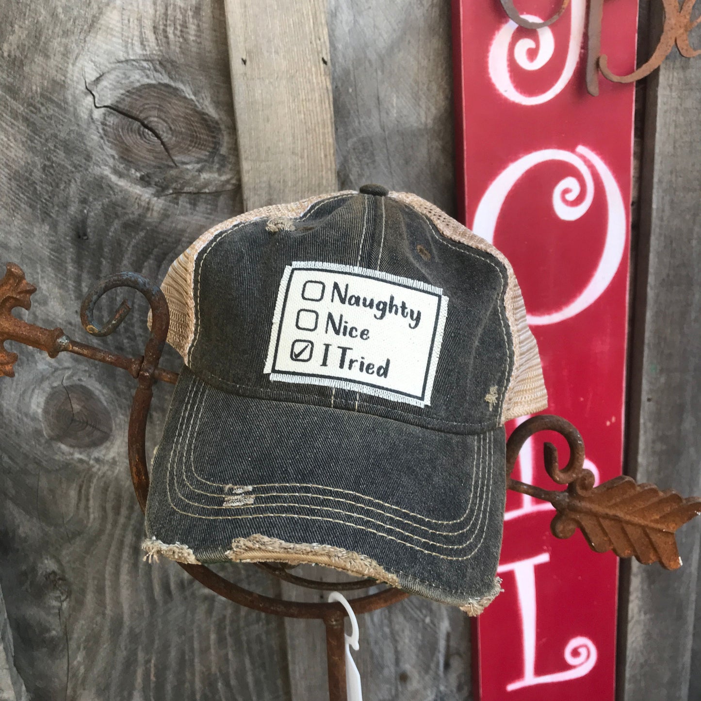 "Naughty, Nice, I Tried" Distressed Trucker Cap