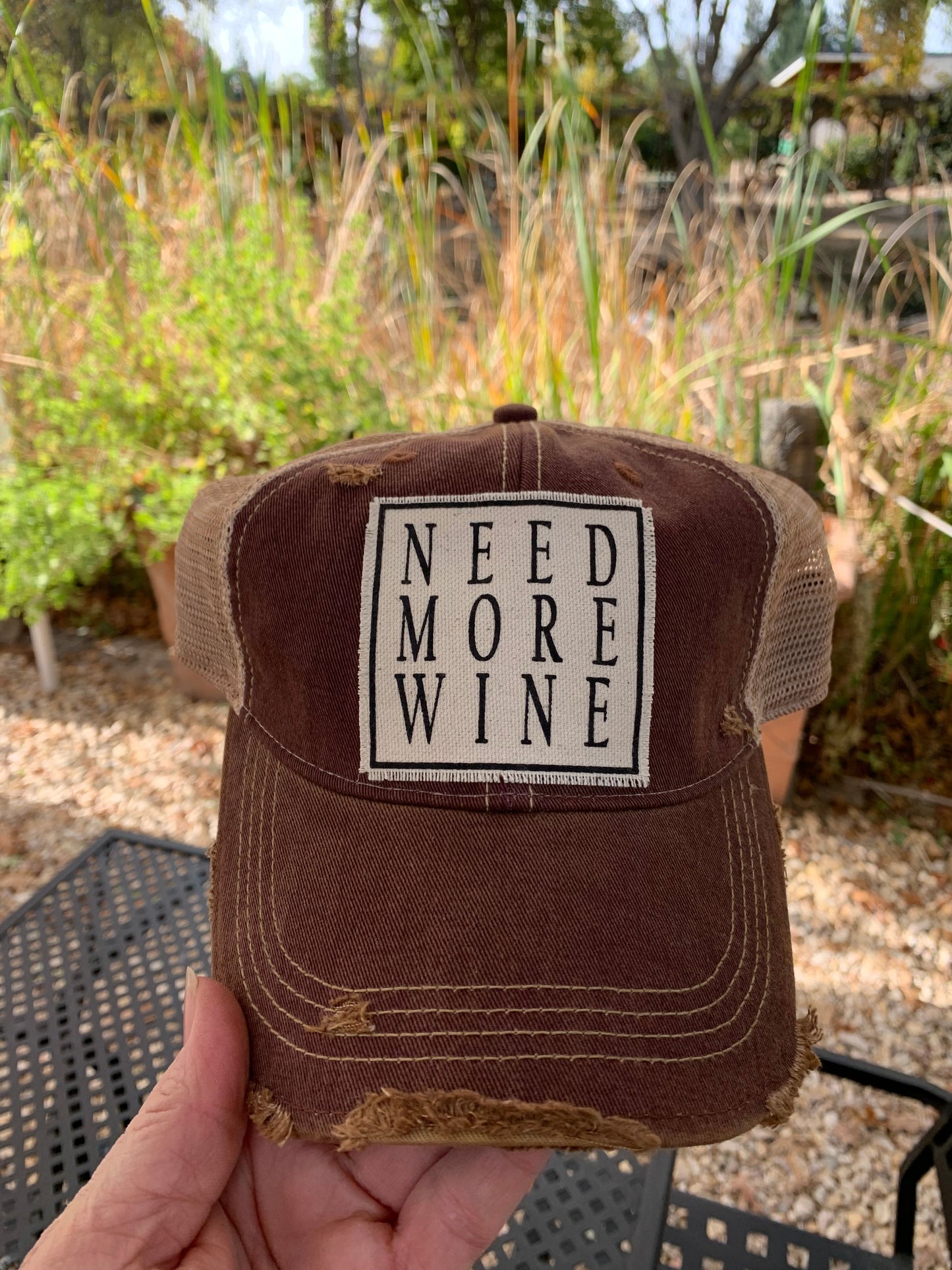 "Need More Wine" Distressed Trucker Cap