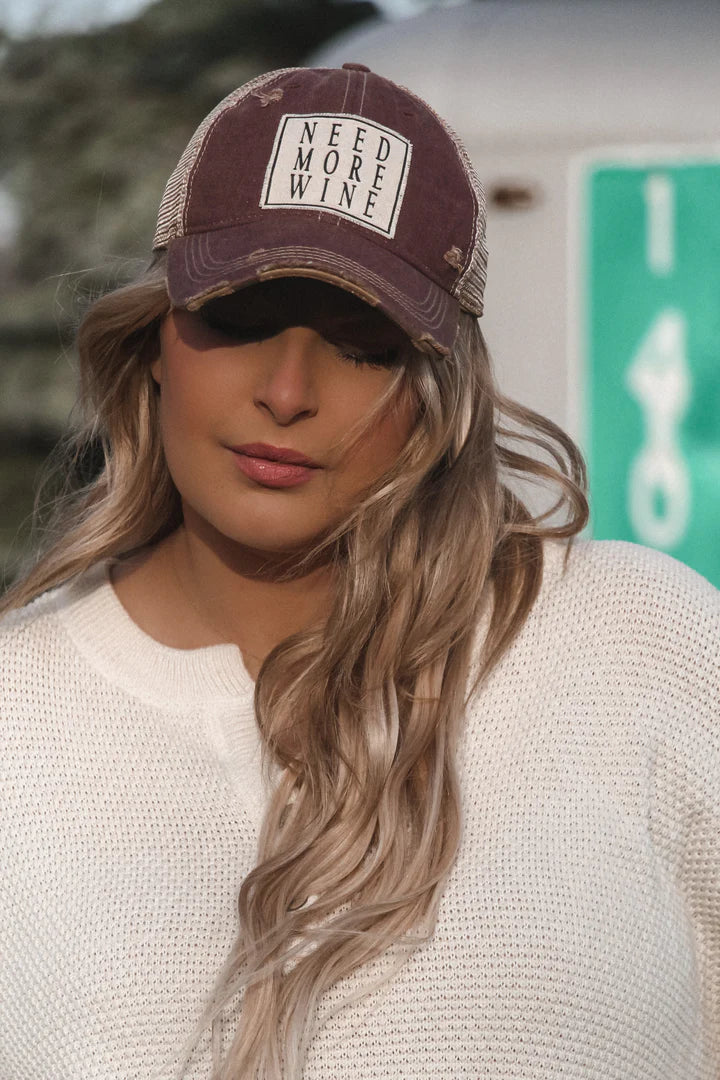 "Need More Wine" Distressed Trucker Cap