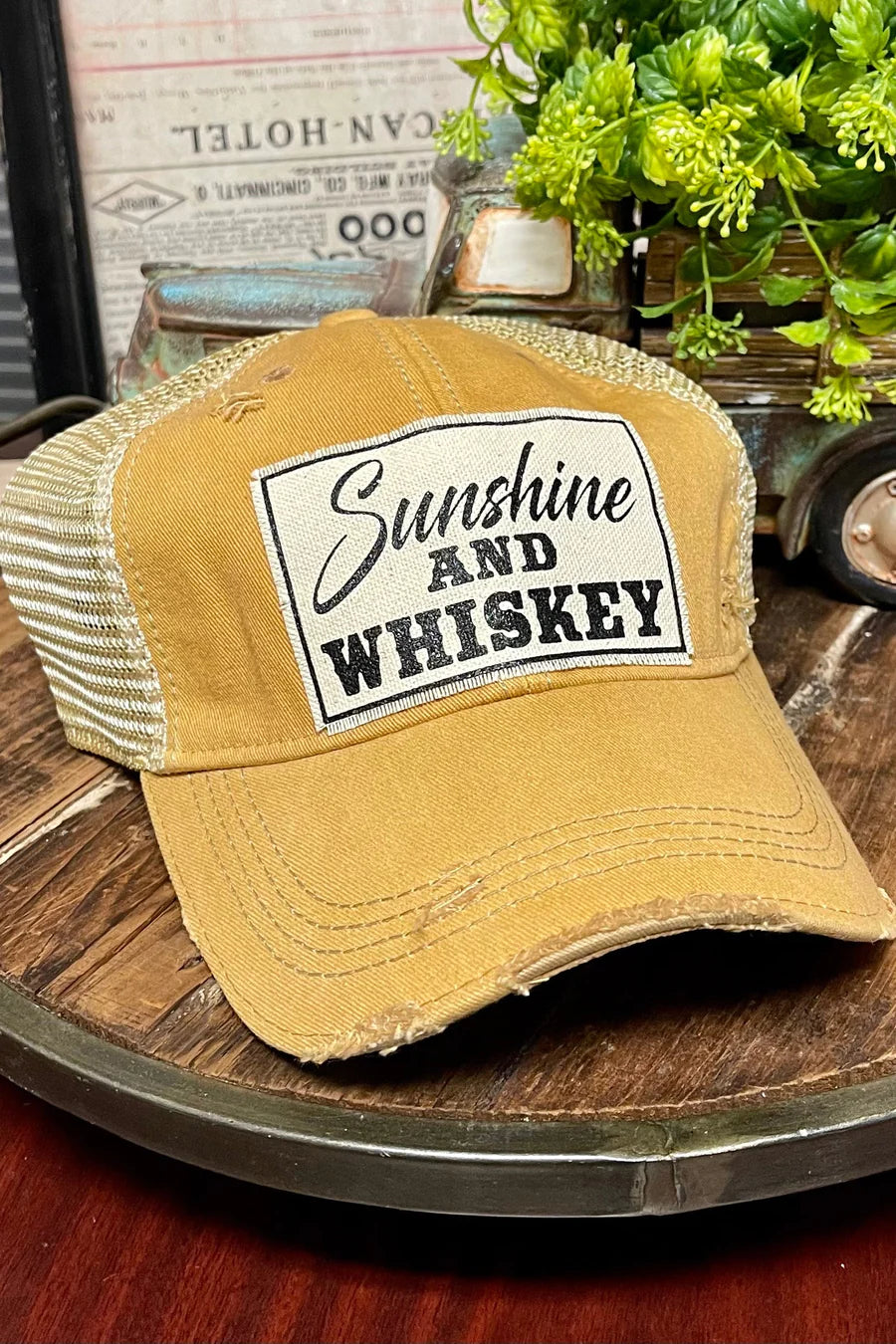 "Sunshine & Whiskey" Distressed Trucker Cap