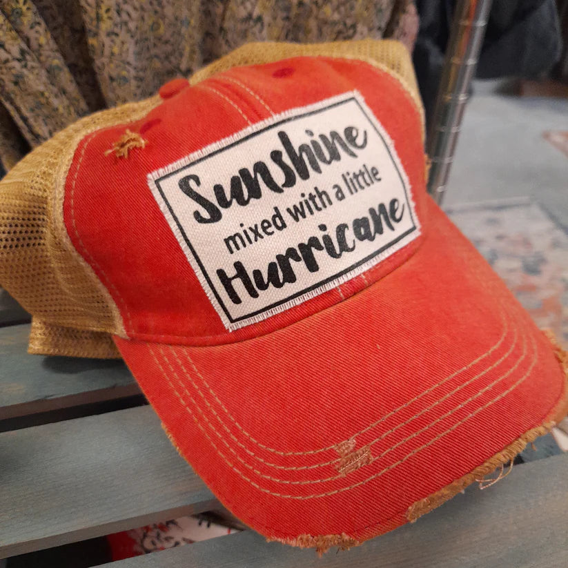 "Sunshine With A Little Hurricane" Distressed Trucker Cap