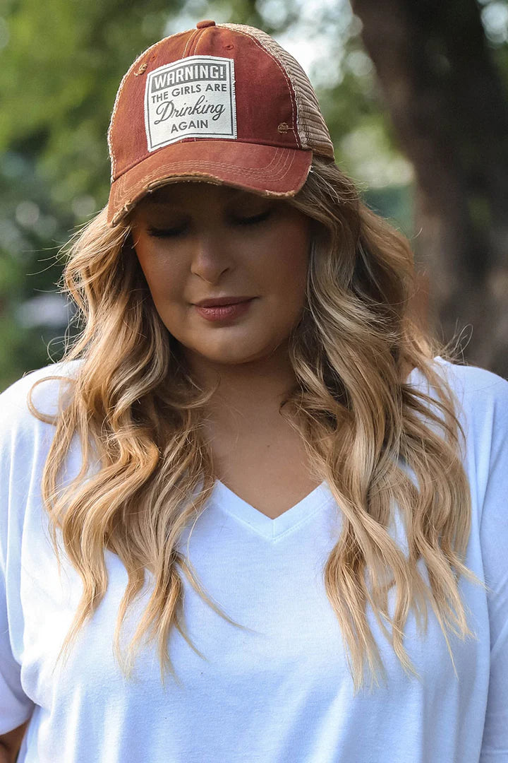 "Warning The Girls Are Drinking Again" Distressed Trucker Cap