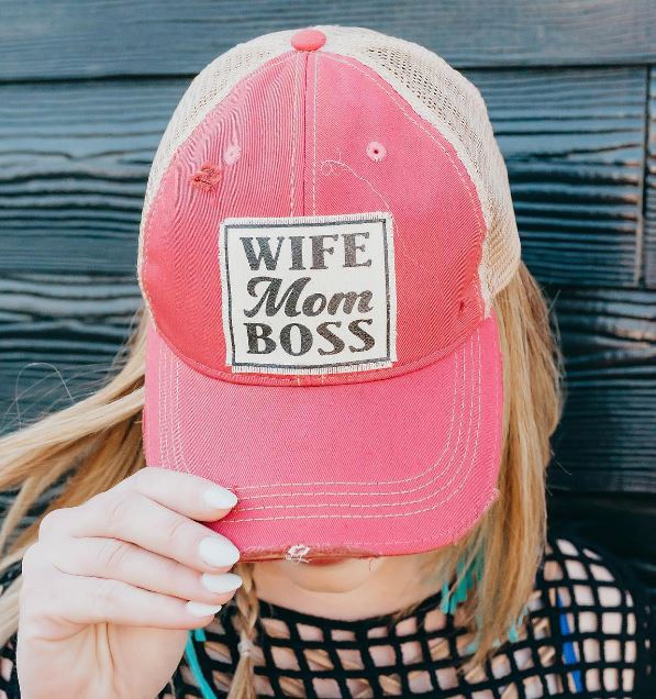 "Wife Mom Boss" Distressed Trucker Cap