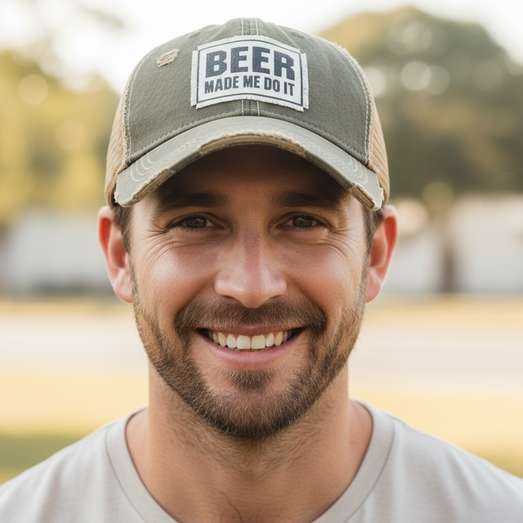 "Beer Made Me Do It" Distressed Trucker Cap