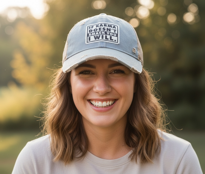 "If Karma Doesn't Smack You I Will" Distressed Trucker Cap