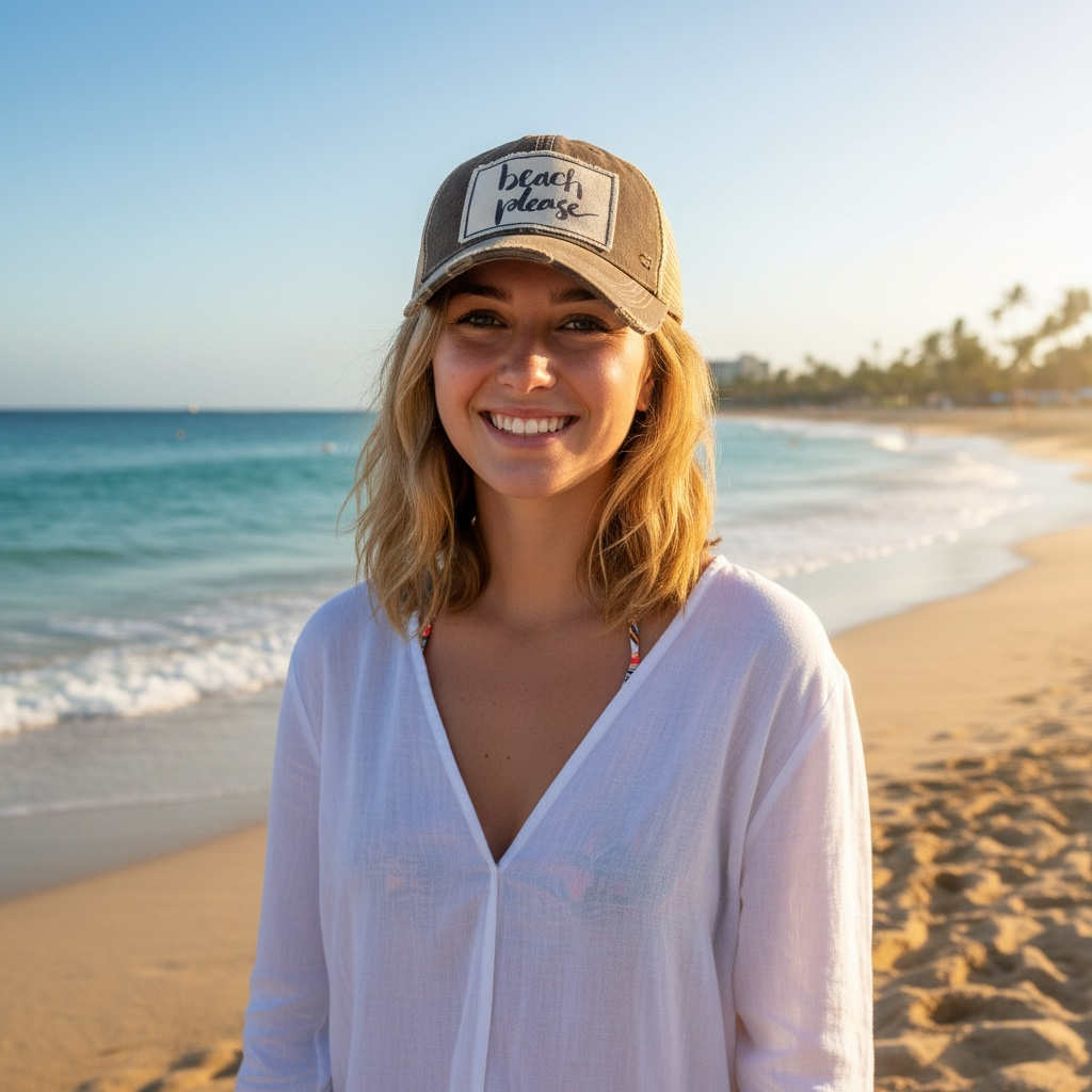 "Beach Please" Distressed Trucker Cap