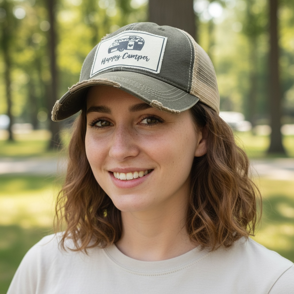 "Happy Camper" Distressed Trucker Cap