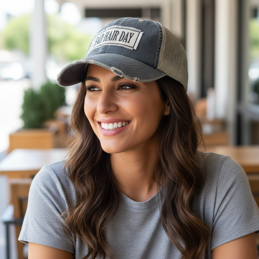 "Bad Hair Day" Distressed Trucker Cap