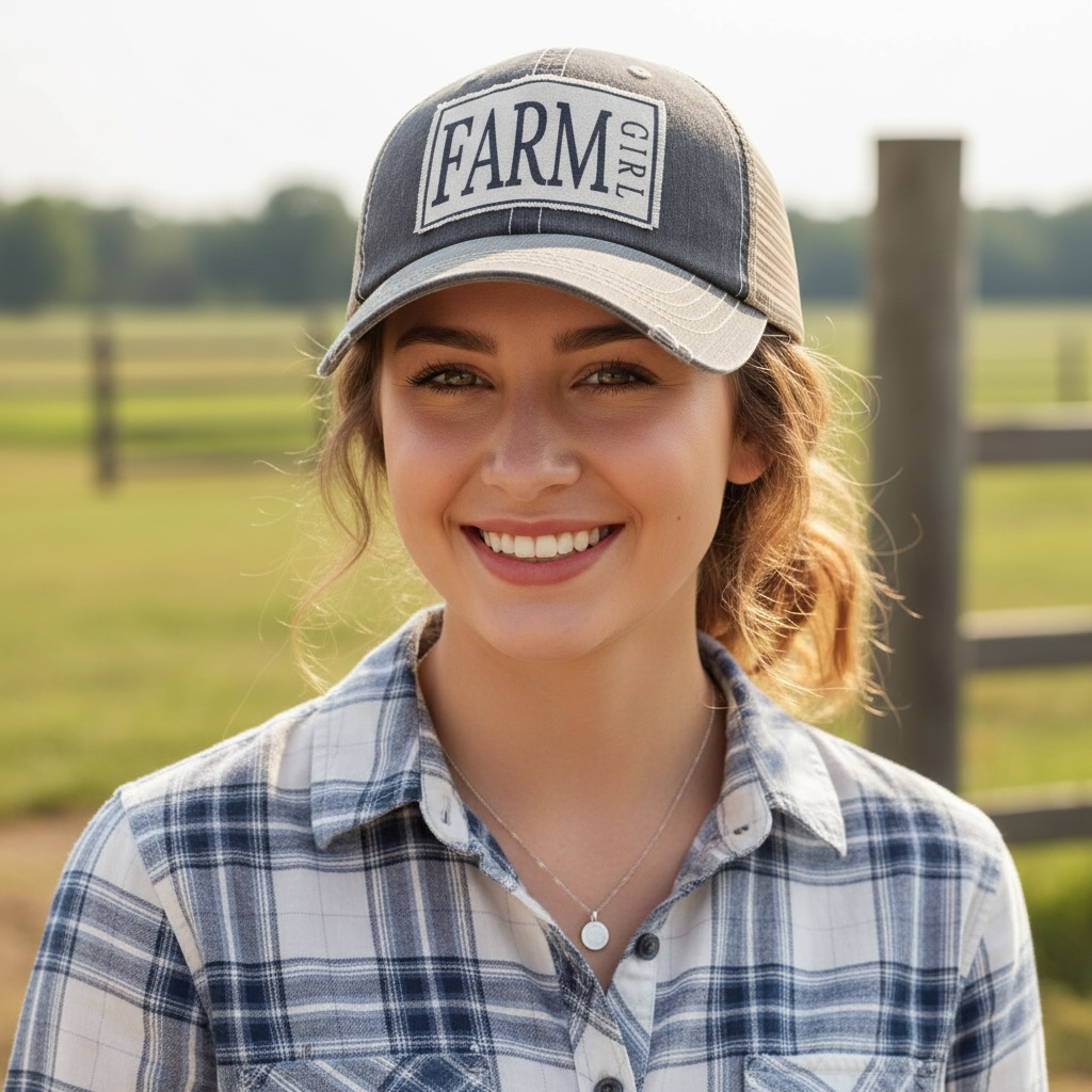 "Farm Girl" Distressed Trucker Cap