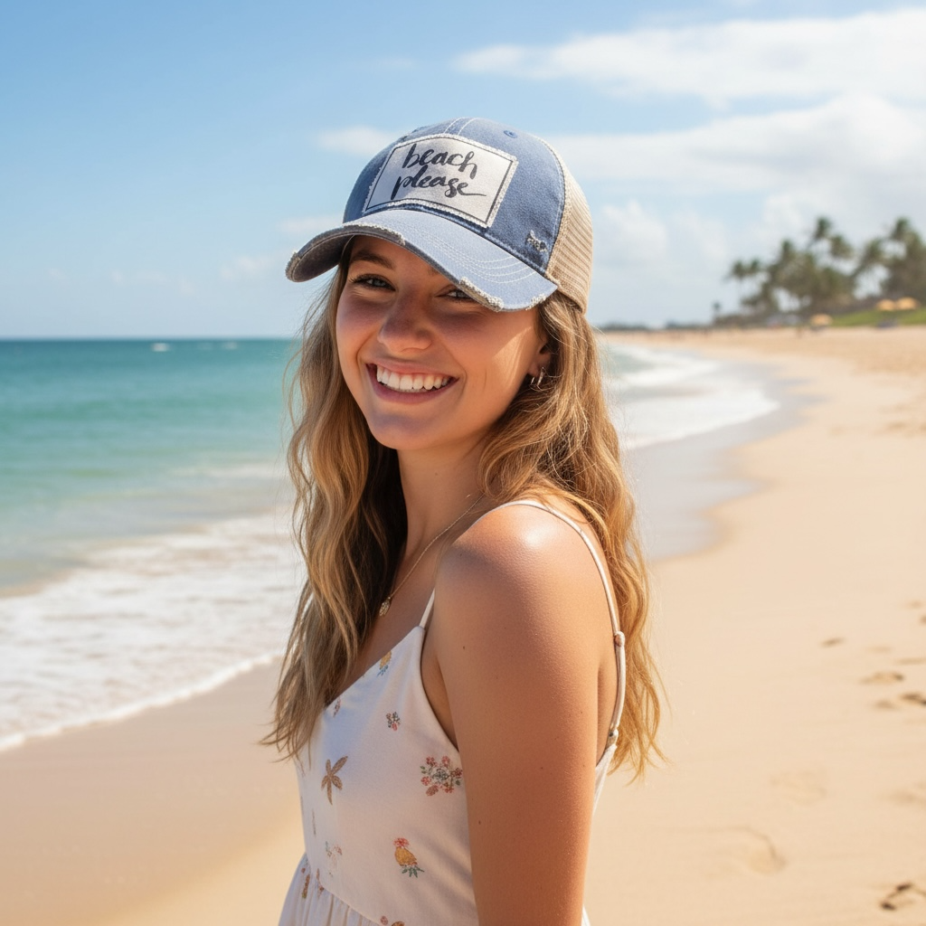 "Beach Please" Distressed Trucker Cap