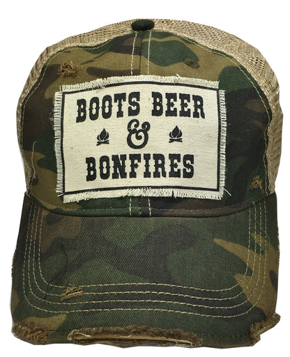 "Boots Beer & Bonfires" Distressed Trucker Cap