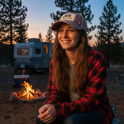 "Happy Camper" Distressed Trucker Cap