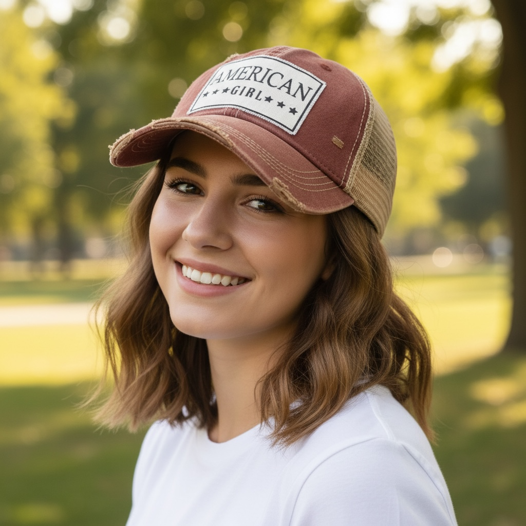 "American Girl" Distressed Trucker Cap