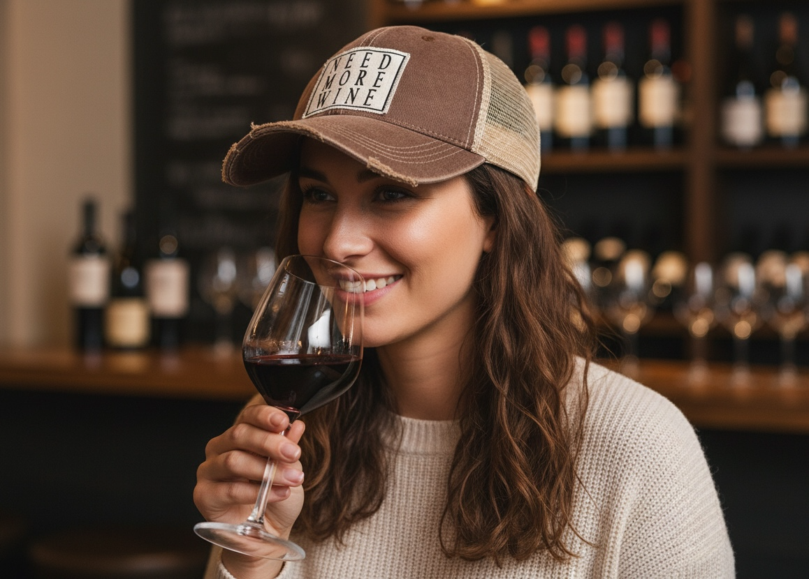 "Need More Wine" Distressed Trucker Cap