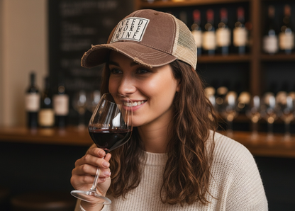 "Need More Wine" Distressed Trucker Cap