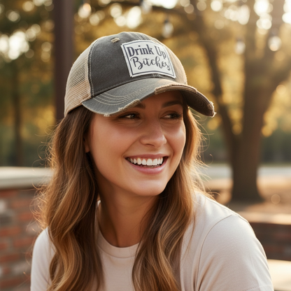 "Drink Up Bitches" Distressed Trucker Cap