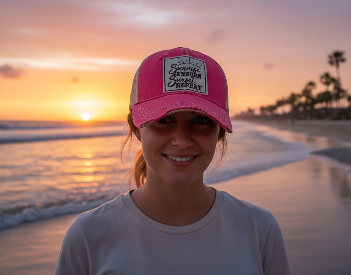 "Sunrise Sunburn Sunset Repeat" Distressed Trucker Cap
