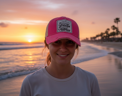 "Sunrise Sunburn Sunset Repeat" Distressed Trucker Cap