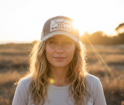 "Sunshine & Whiskey" Distressed Trucker Cap