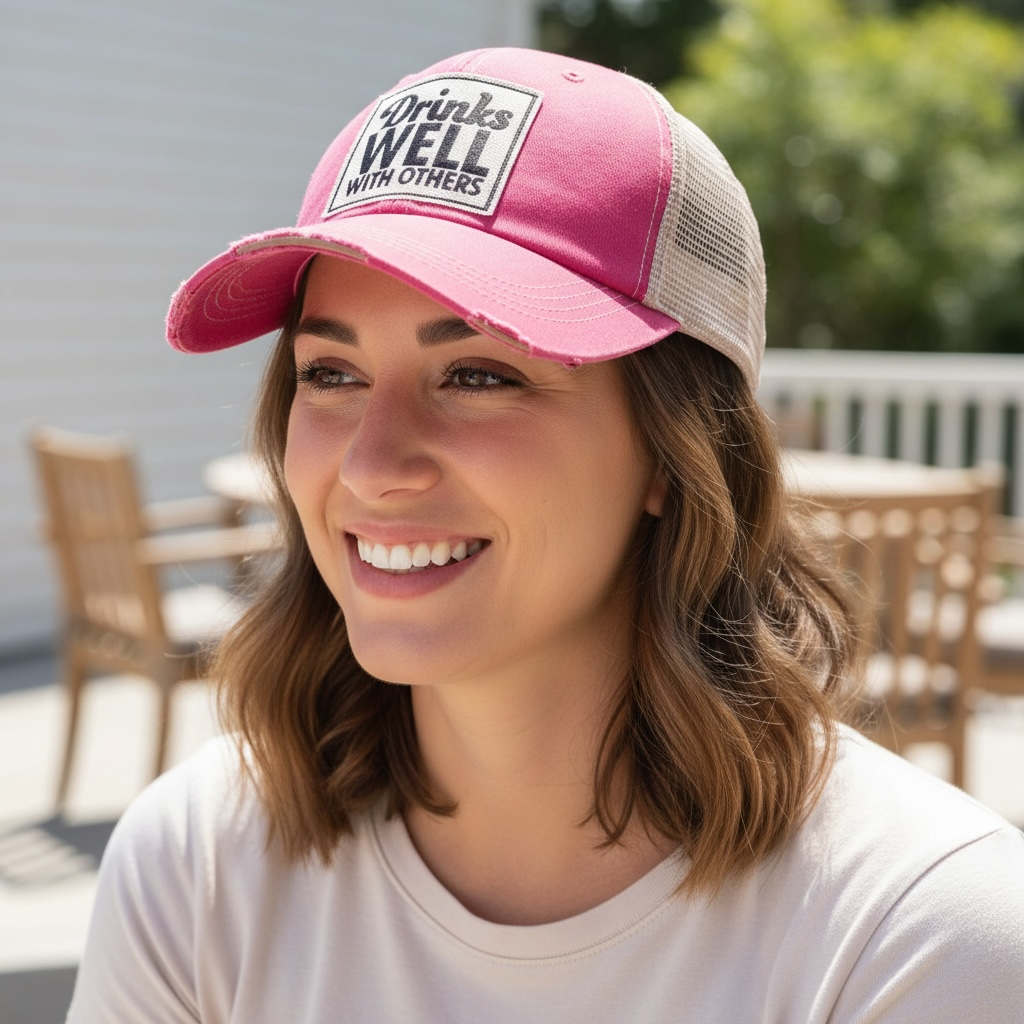 "Drinks Well With Others" Distressed Trucker Cap