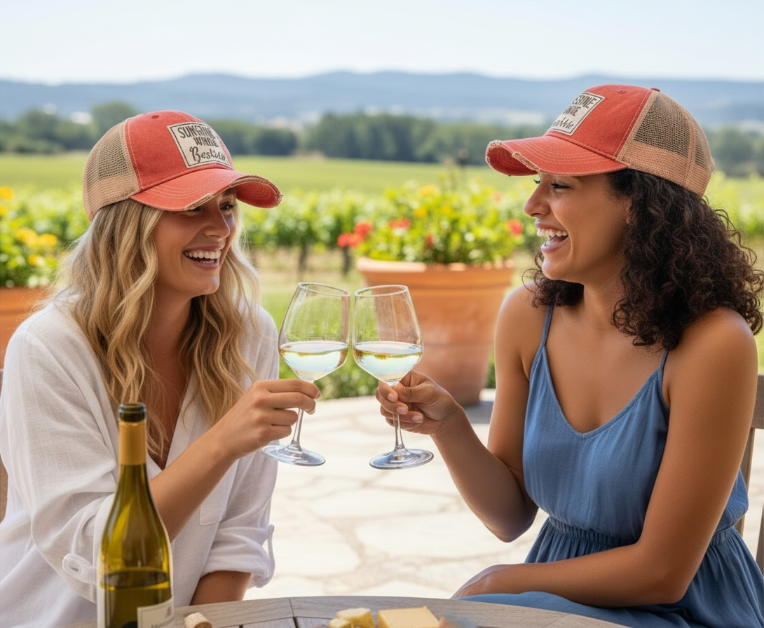 "Sunshine Wine & Besties" Distressed Trucker Cap