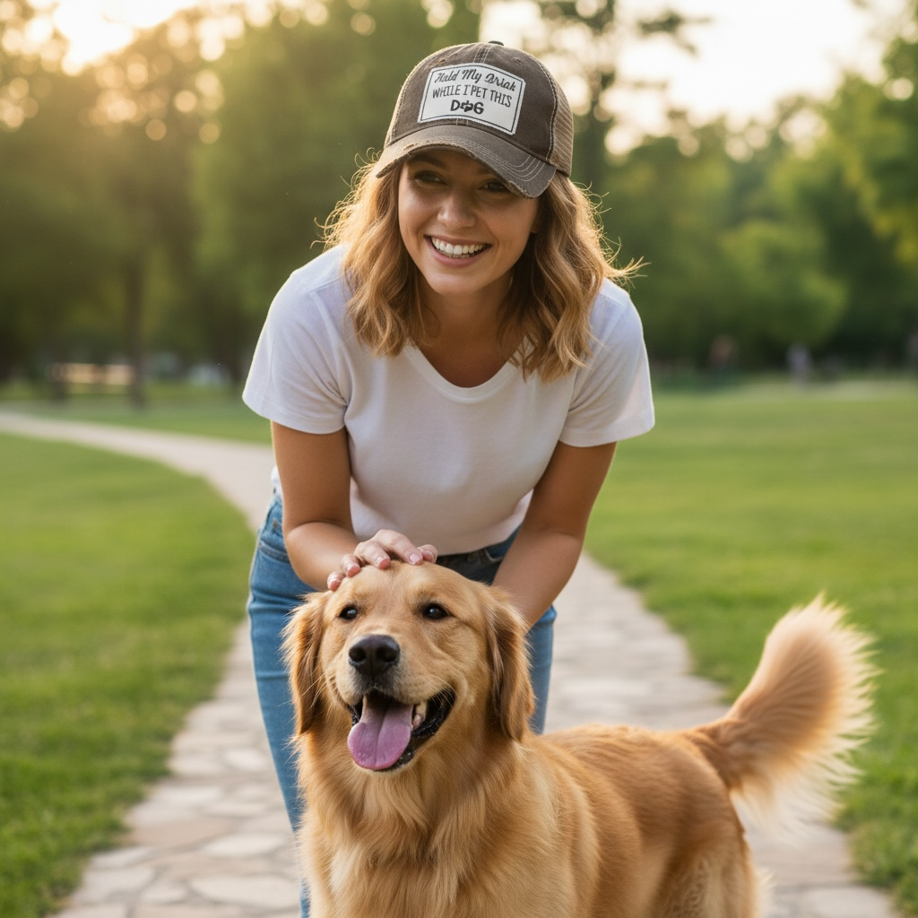 "Hold My Drink While I Pet This Dog" Distressed Trucker Cap