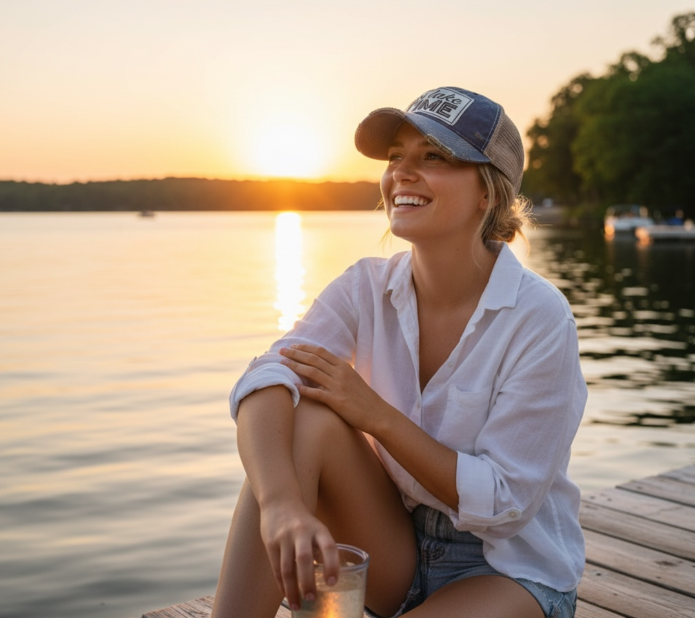 "On Lake Time" Distressed Trucker Cap