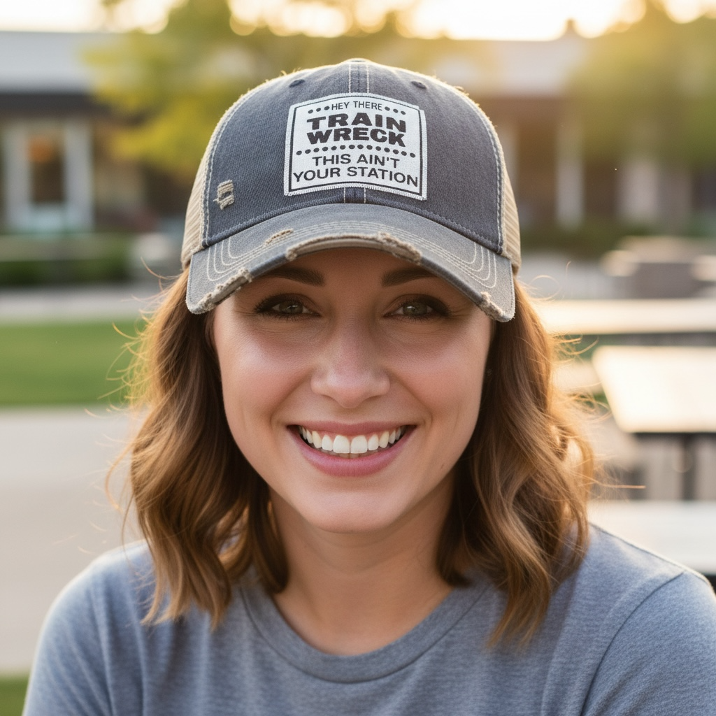 "Hey There Train Wreck This Ain't Your Station" Distressed Trucker Cap