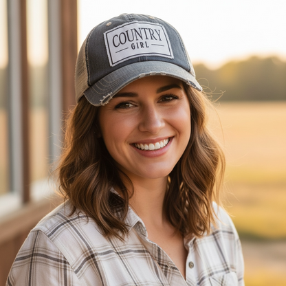 "Country Girl" Distressed Trucker Cap