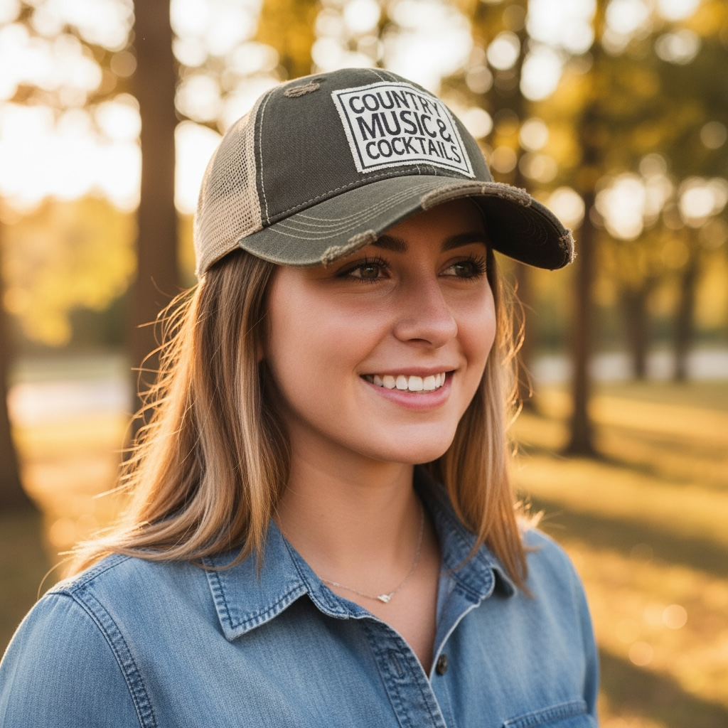 "Country Music & Cocktails" Distressed Trucker Cap