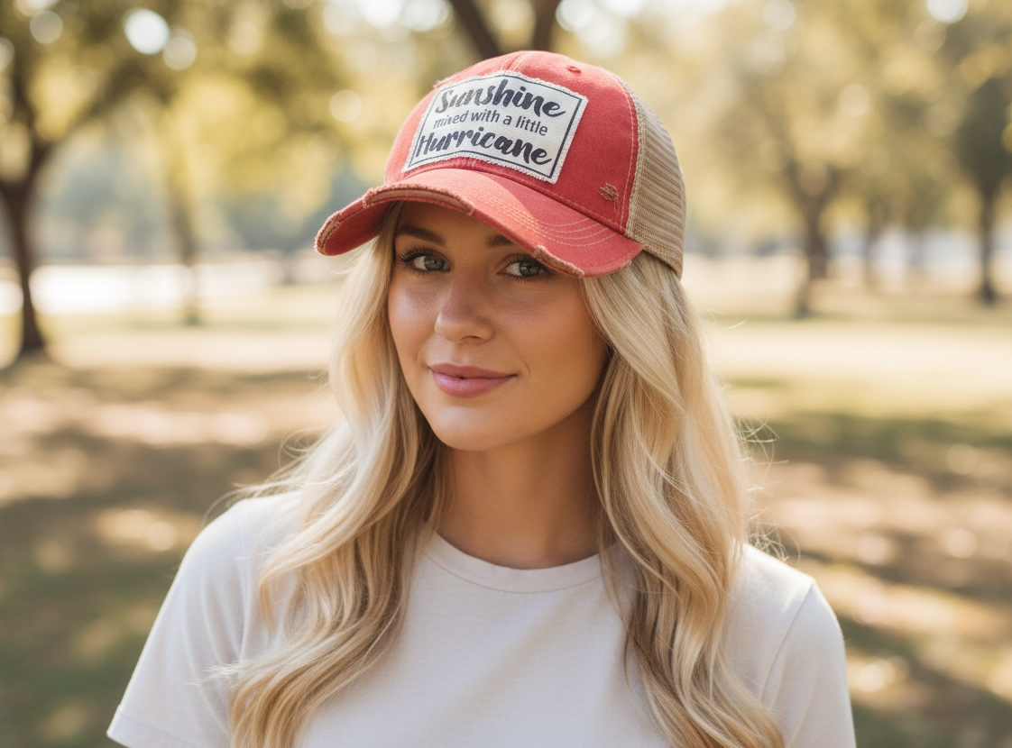 "Sunshine With A Little Hurricane" Distressed Trucker Cap