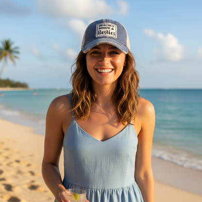 "Beaches Booze & Besties" Distressed Trucker Cap