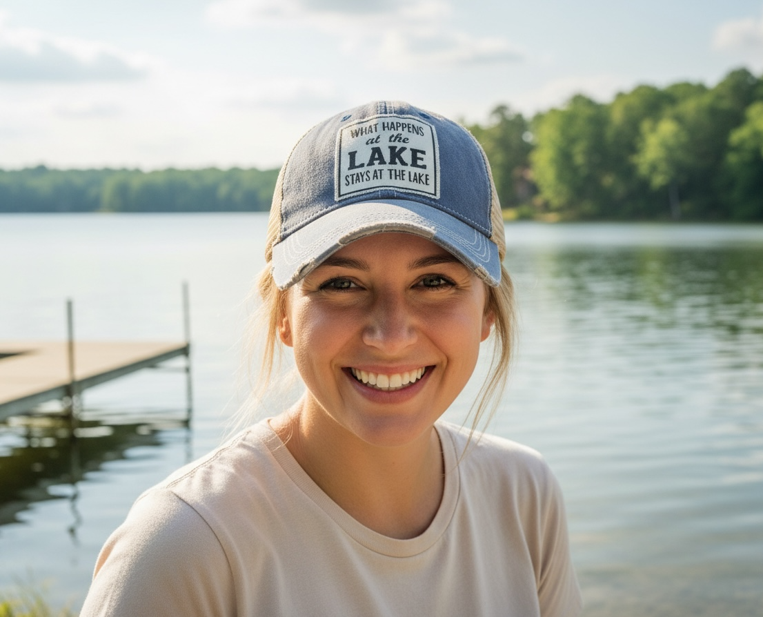 "What Happens At The Lake Stays At The Lake" Distressed Trucker Cap