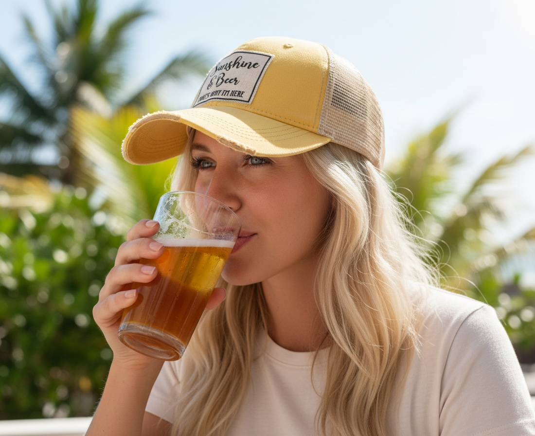"Sunshine & Beer That's Why I'm Here" Distressed Trucker Cap