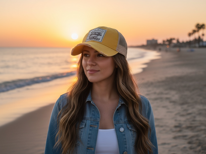 "Sunrise Sunburn Sunset Repeat"  Distressed Trucker Cap