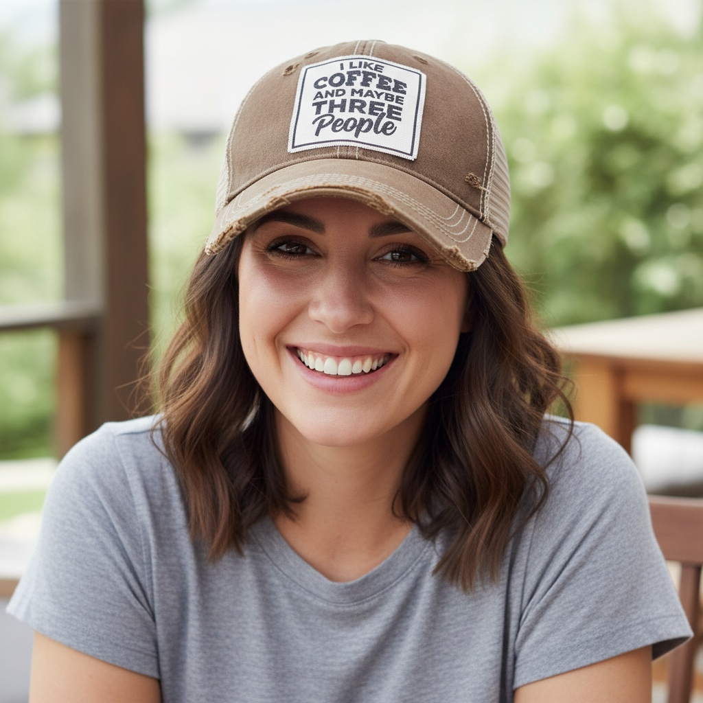 "I Like Coffee And Maybe 3 People" Distressed Trucker Cap