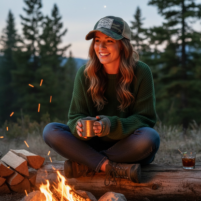 "Campfires & Cocktails" Distressed Trucker Cap