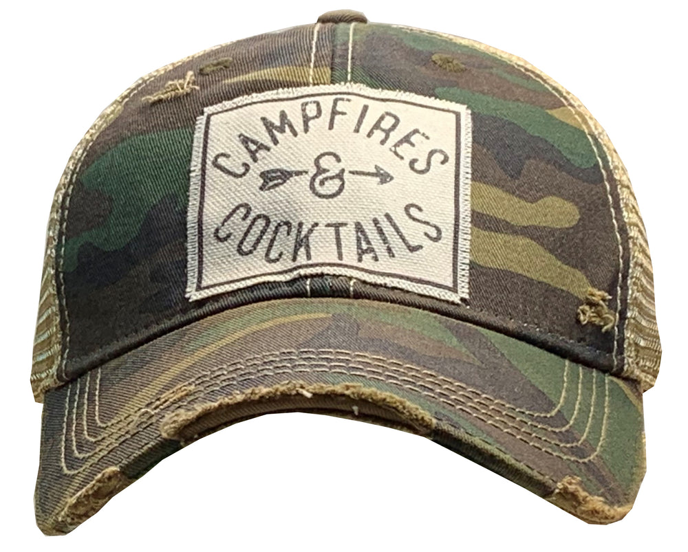 "Campfires & Cocktails" Distressed Trucker Cap