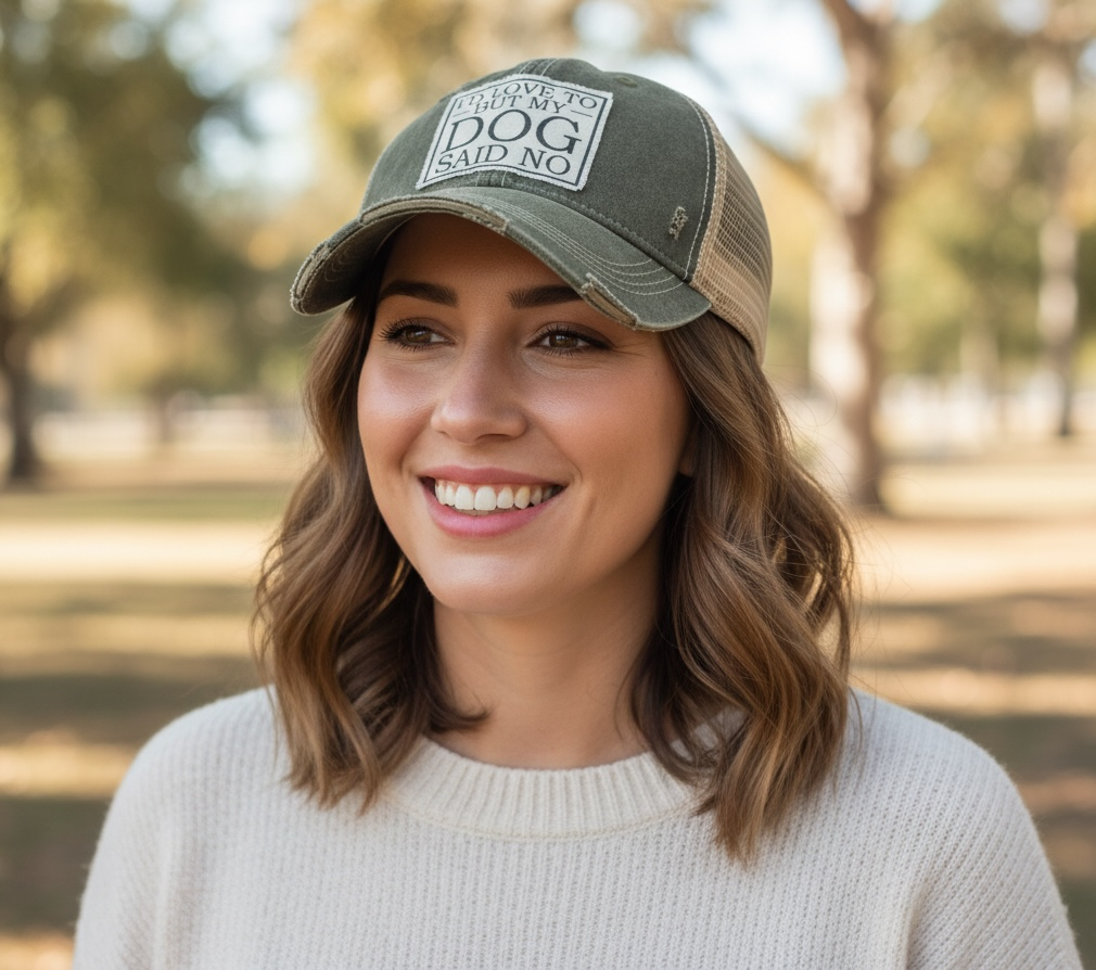 "I'd Love To But My Dog Said No" Distressed Trucker Cap